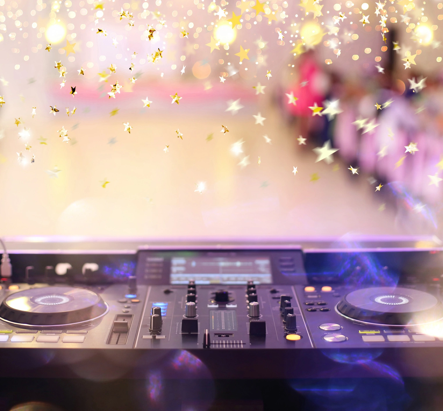 Colorful stars above DJ turntables