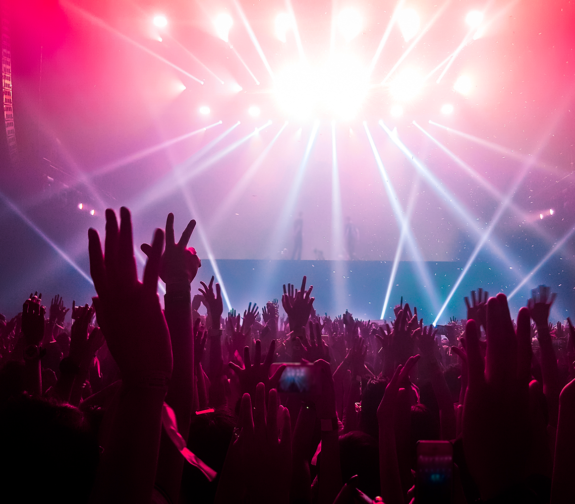 Hands raised at vibrant concert scene
