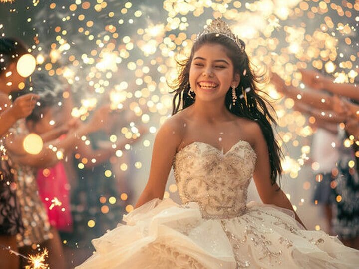 Smiling girl in a sparkling dress celebration.