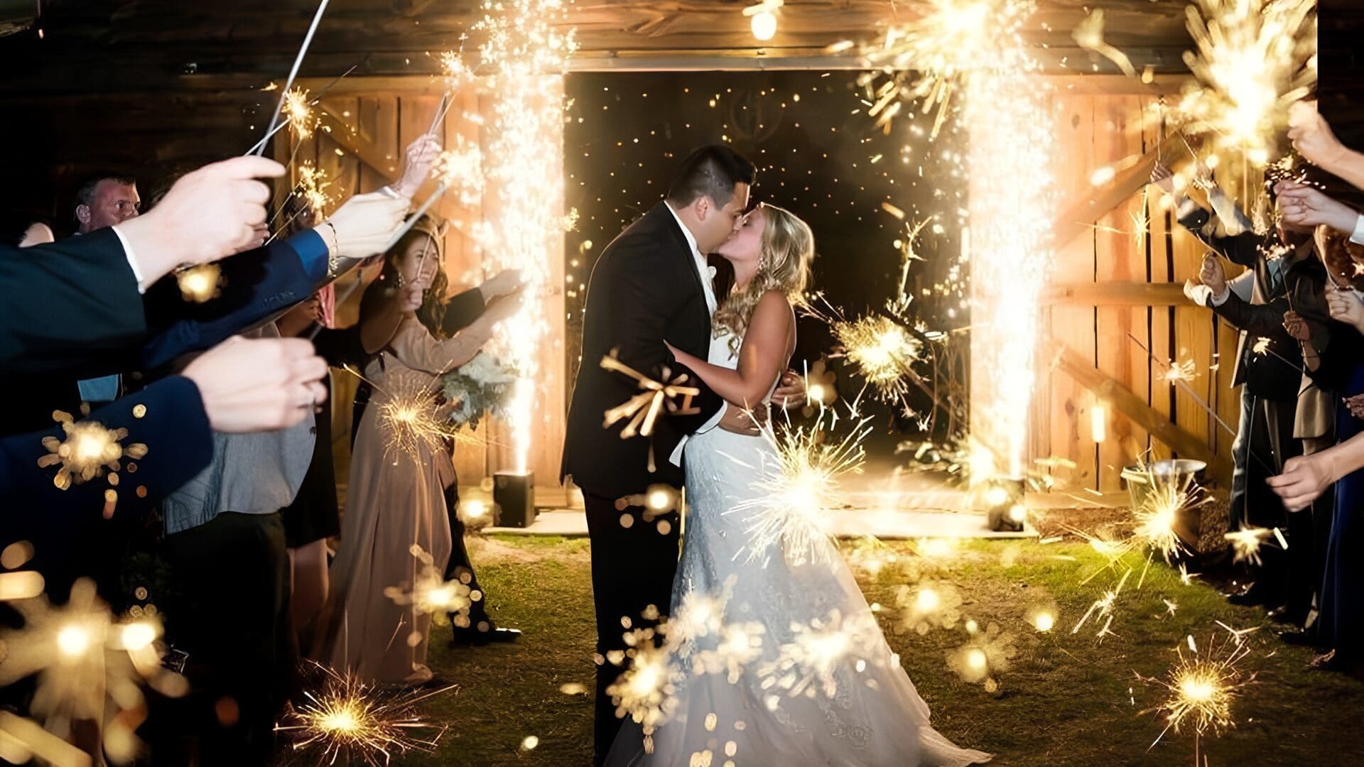 Couple kissing surrounded by sparkling sparklers.